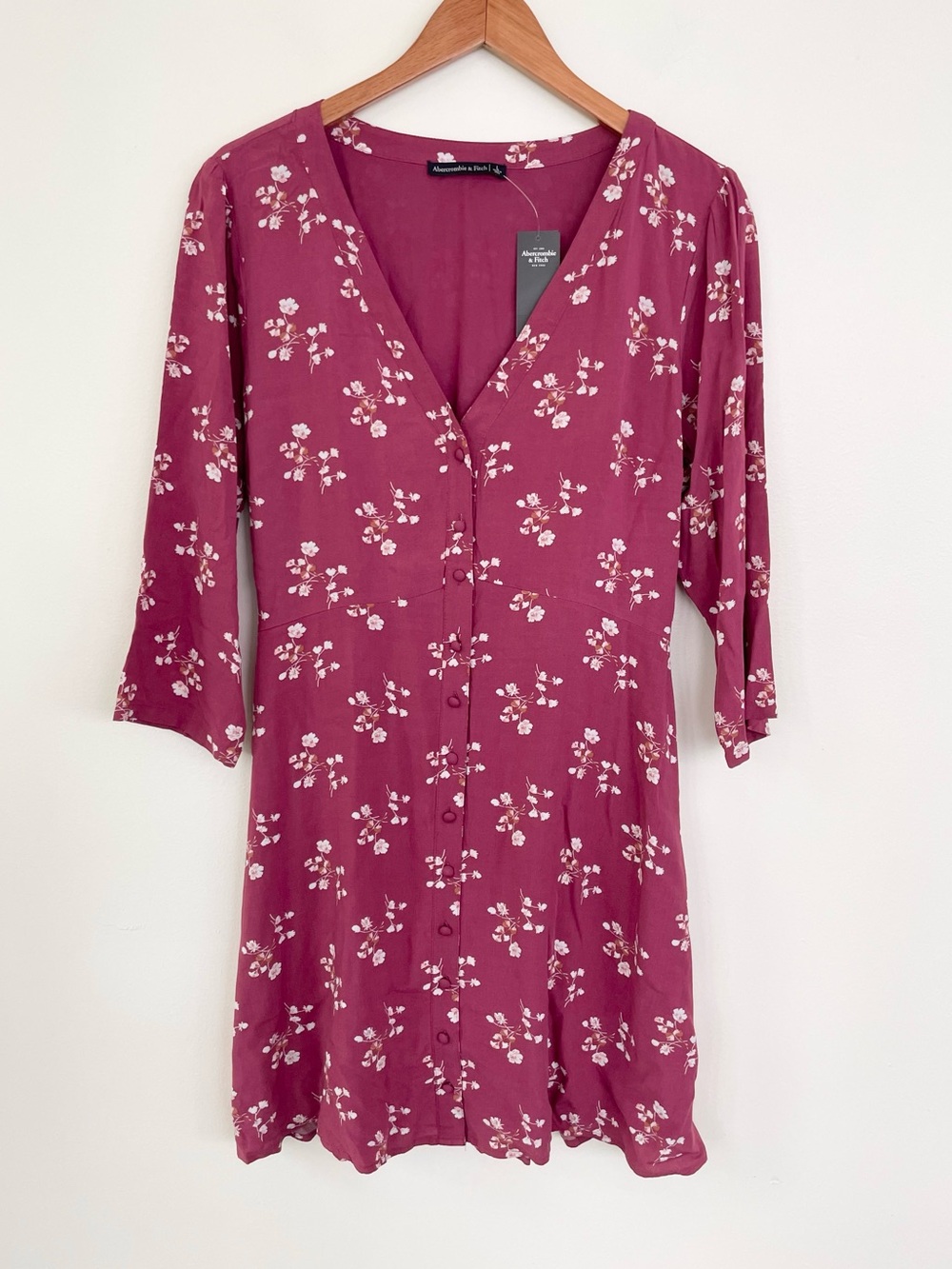 NWT Abercrombie & Fitch Floral Vneck Button Up 3/4 Sleeve Dress Magenta Pink L